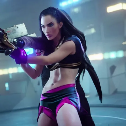 Image similar to action still of Caitlyn in KDA League of legends movie played by Megan Fox. dslr, 4k, imax, cinematic, 35mm, 4k resolution