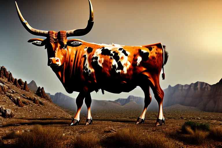 Image similar to a sketch of a longhorn steer on a high bluff in big bend, key visual, extremely moody, highly detailed, digital painting, sharp focus, illustration, unreal engine