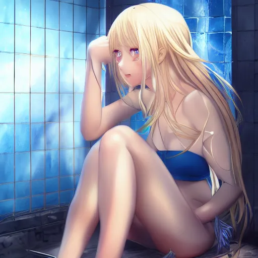 Image similar to a very beautiful young anime girl sitting in a dark prison cell, full body, long wavy blond hair, sky blue eyes, full round face,, shiny golden bikini, miniskirt, front shot, sitting in a dark prison cell, highly detailed, cinematic wallpaper by stanley artgerm lau