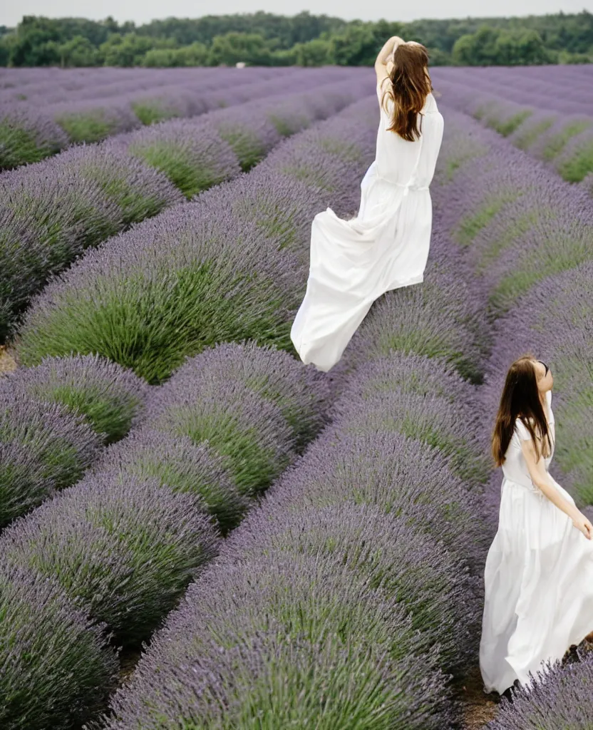 Prompt: A photo of a French woman, mid-20s, wearing a white flowing dress, in a lavender field in France, 85mm, 1.2, Kodak Portra, trending on Instagram