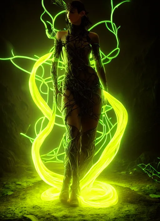 Image similar to high fantasy and sci - fi elvish rogue wearing a bioluminescent vine dress, surrounded by elvish glowing runes cinematic shot in the style of final fantasy, cinematic lighting, hyperdetailed, 8 k realistic, global illumination, mysterious light, dof, trending on artstation, digital art