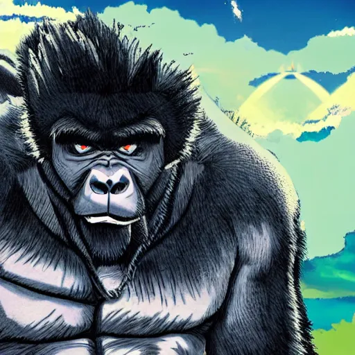 Prompt: mountain gorilla in the style of dragon ball z, close - up, explosion in background