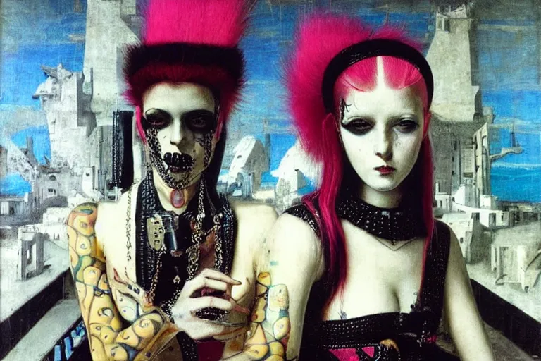 Prompt: close up portrait of a punk goth girl posing in a punk goth outfit fluorescent cyberpunk futuristic city by mario testino, oil painting by canaletto hieronymus bosh leonardo da vinci piero della francesca botticelli