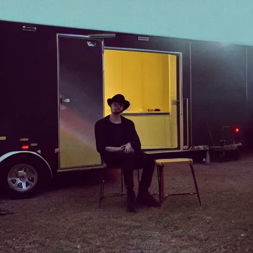 Prompt: a man sitting on a stool in front of a trailer, an album cover by james baynes, instagram contest winner, neo - romanticism, night, aesthetic, # film, photo taken with ektachrome