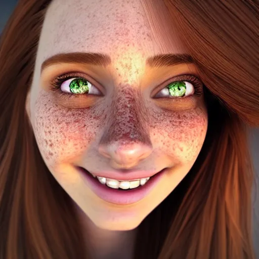 Image similar to beautiful hyperrealism selfie of a cute 3 d young woman smiling softly, long light bronze brown hair, cute freckles, flushed face, red blush, small heart - shaped face, soft features, emerald green eyes, golden hour, 8 k, sharp focus, instagram