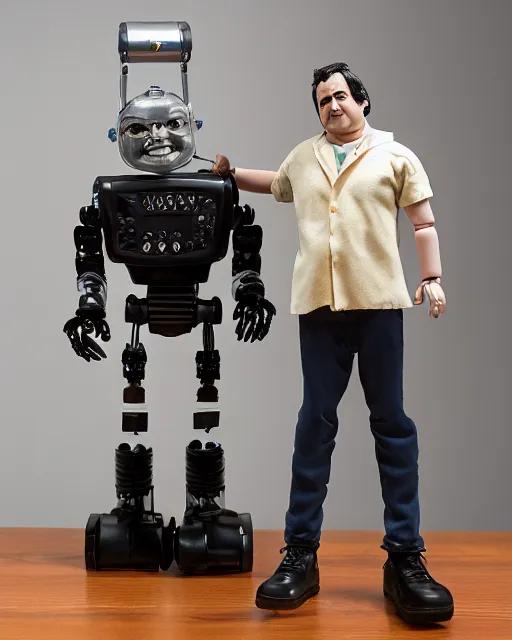 Prompt: Highly detailed robot remote controlled animatronic half scale doll toy in the likeness of John Belushi’s Bluto from Animal House, Studio Lighting