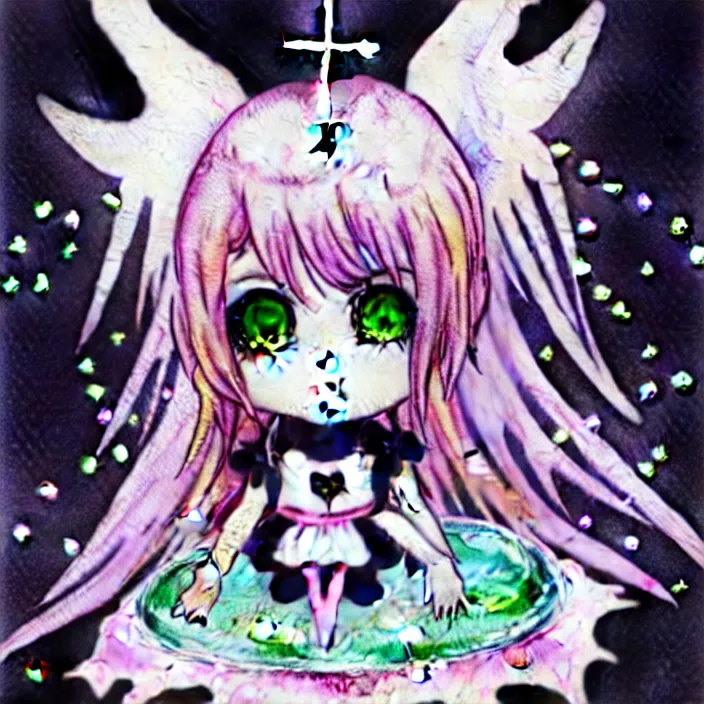 Image similar to gothic lolita cute angelic archangel, religious art watercolor slimy slime drenched skinny divine holy skellington being of glitter glue, pastel cute slime, 3 d polygon ui of neon ornamental rococo frames, maximalist decora gyaru sanrio murakami pixar concept art