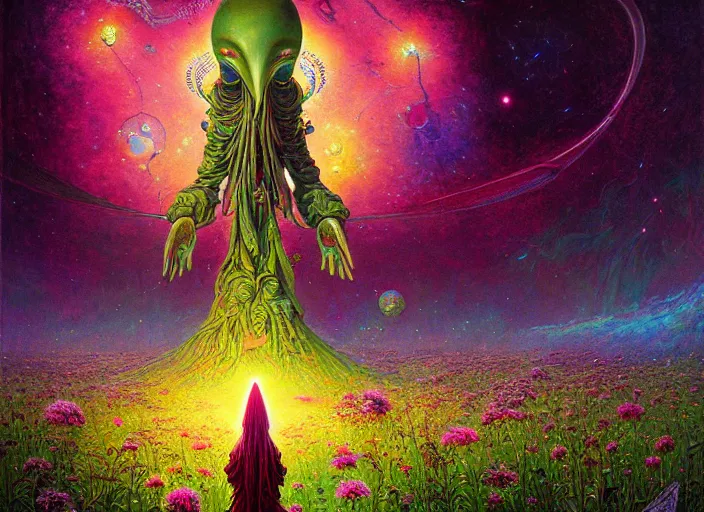 Image similar to a beautiful painting of a large alien shrine shrouded by mystic nebula magic in a field of flowers by moebius and android jones, oil on canvas sharp, details, hyper - detailed, hd, hdr, 4 k, 8 k