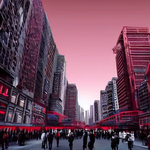 Image similar to in a future city on mars, the sky is a deep red and the buildings are tall and thin. the streets are crowded with people and cars. the air is thin and cold