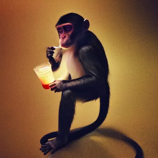 Image similar to Monkey drinking Capri Sun juice, low light, photo taken at night,