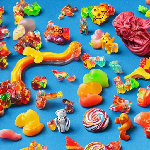 Image similar to Bosch Garden of Earthly Delights, candy, sculpted out of candy, gummy candies, gummy bears, gummy worms, colorful award-winning photo of candy, happy smiley