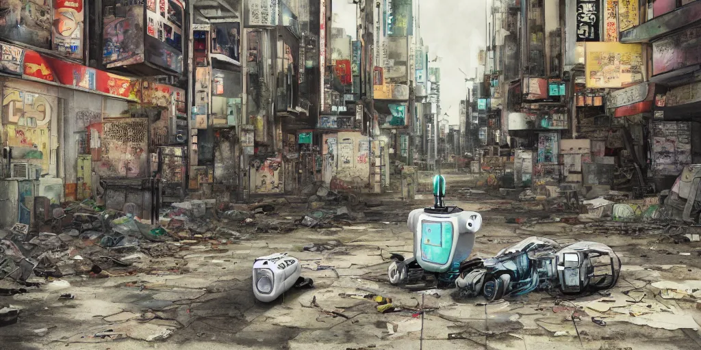 Prompt: a broken robot lying in a deserted shinjuku junk town, watercolor, ghost in the shell, soft bloom lighting, paper texture, bright sun bleached ground, vending machine, robot lurks in the background, koji morimoto, katsuya terada, genius party, animatronic, black smoke, pale, beige sky pencil marks, hd, 4k, remaster, dynamic camera angle, fish eye, dynamic scene