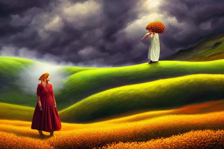 Image similar to giant flower heads, women standing in heather hills, surreal photography, stormy sky, dramatic lighting impressionist painting, digital painting, artstation, rob gonsalves