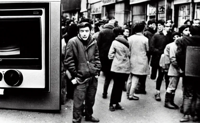 Prompt: ernst ludwig, a frightened young man in a street surrounded by people who have no eyes. people are watching crt televisions in every shop s 1 5 0