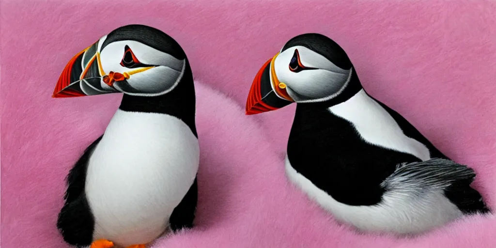 Image similar to realistic puffin sitting in a pink fluffy bed, hyper detailed, trending on artstation