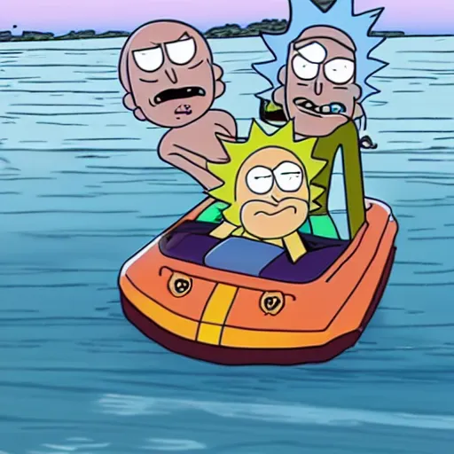 Image similar to rick and morty driving jetskis