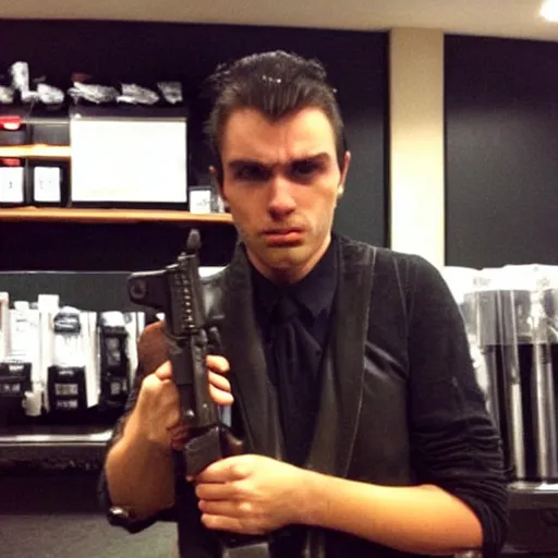 Prompt: This is one of the best Vampires-Holding-Guns I've ever met in the backrooms of Starbucks