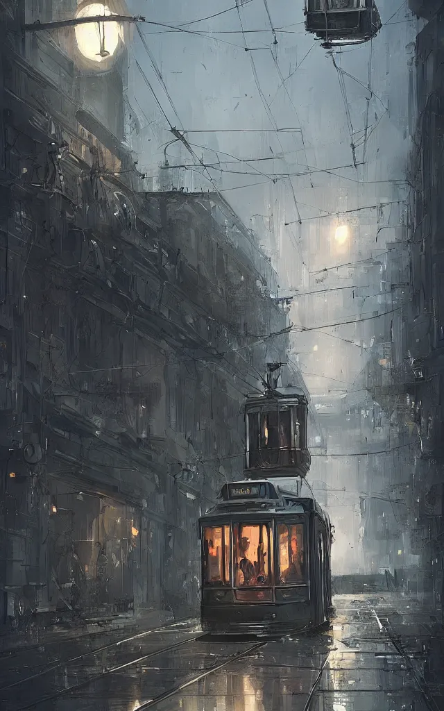 Image similar to city tram in the evening, by charlie bowater, by hazem taha hussein, by h. r. giger, by ismail inceoglu