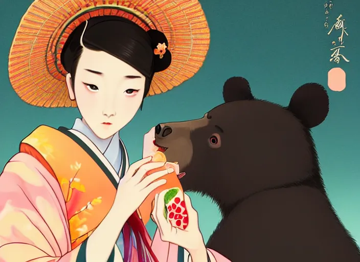 Image similar to digital painting of a girl wearing a kimono giving a peach to a large anthropomorphic asian black bear, featured in artstation, artgerm, octane render, award winning, cinematic, elegant, intricate, 8 k, close up, in the style of studio ghibli and heikala and alphonse mucha,