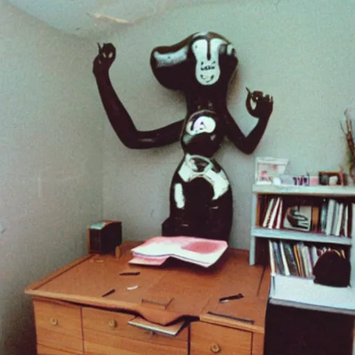 Image similar to disposable camera photos of a very large homunculus being grown on the desk in a bedroom, taken in 1990