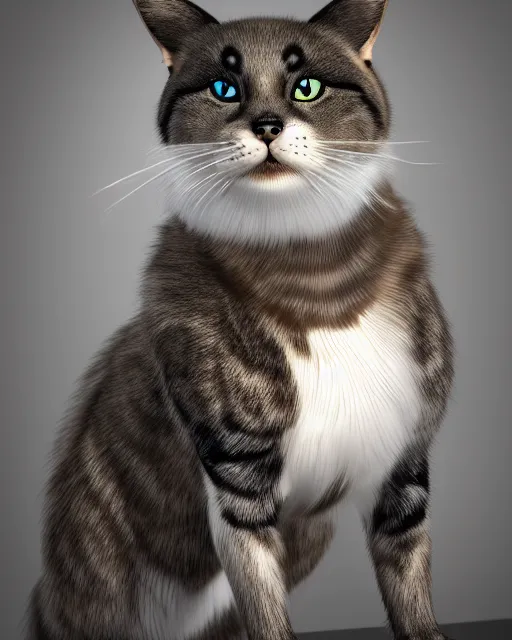 Image similar to a cat mixed with a bodybuilder, very detailed, ultrarealistic, dramatic lighting, electrical details, high details, 4k, 8k, best, accurate, trending on artstation, fur, groom, k9, photorealism, ultrarealistic, octane render, ray tracing, mental ray, catdog, unreal engine 5