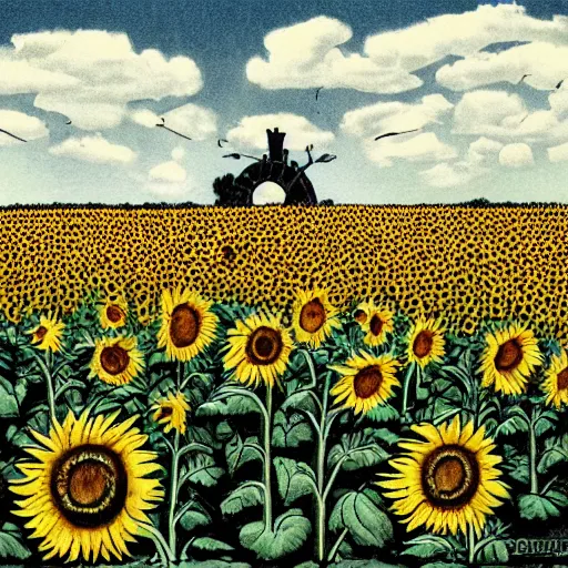 Prompt: a field of sunflowers. a female scarecrow. lino print. jackdaws. folk horror