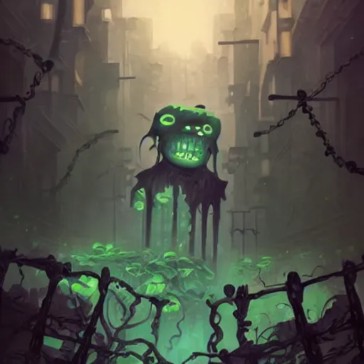 Prompt: a being of green ghostly viscous slime ooze making its way through abandoned midnight streets, skeletal ghosts, wisp lights, rhads,