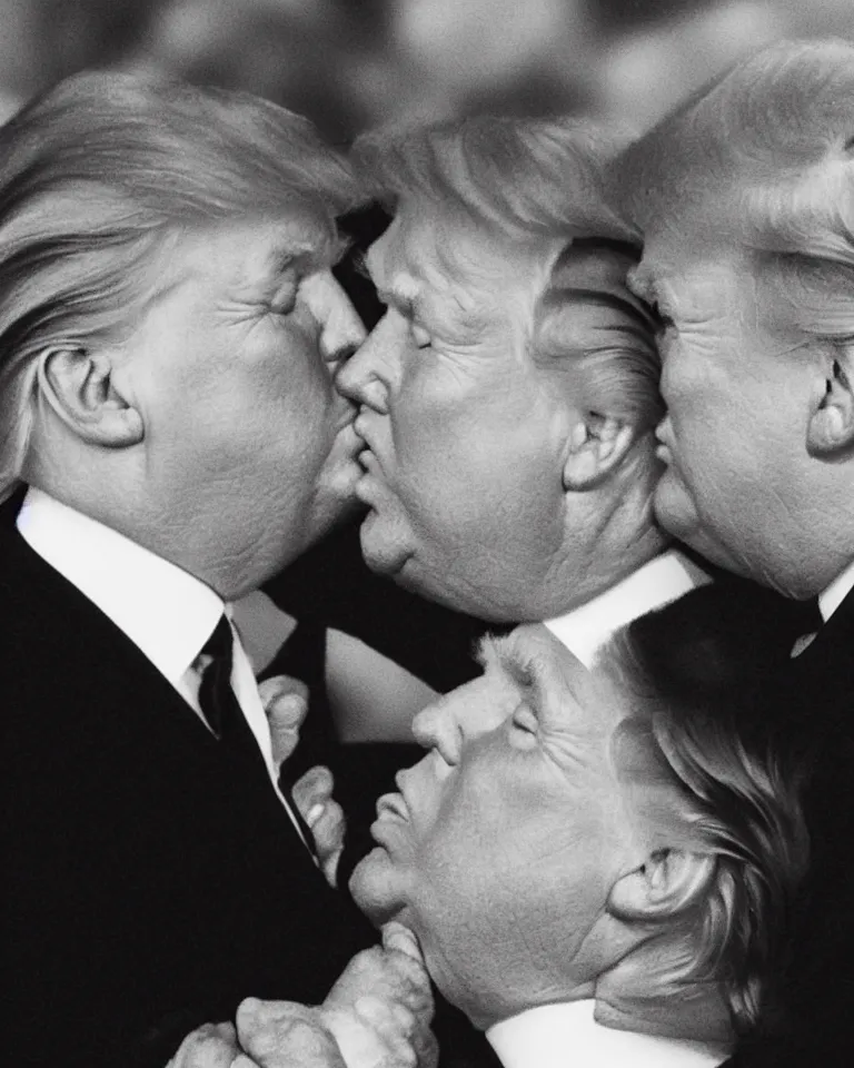 Image similar to high quality photo of a beautiful donald trump kissing donald trump. donald trump kissing donald trump. donald trump kissing donald trump. donald trump and donald trump kissing. award winning. romantic. beautiful hq. hd. brilliant. funny