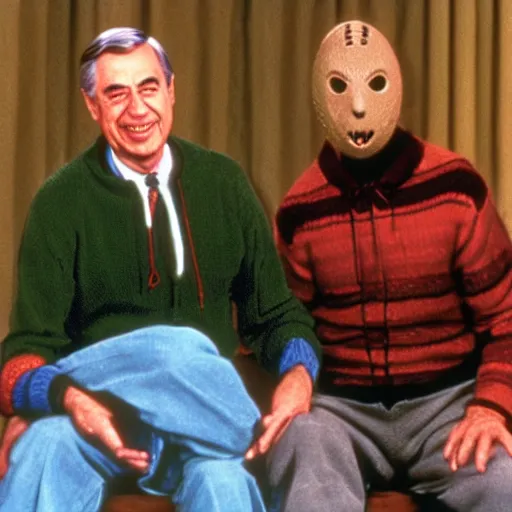 Image similar to Mr. Rogers hanging out with Jason Voorhees from the movie Friday the 13th