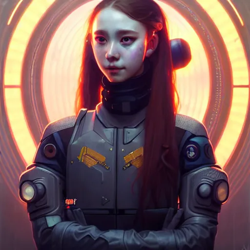 Image similar to portrait painting of cyberpunk chuu loona as a cheerful smiling mercenary, ultra realistic, concept art, intricate details, eerie, highly detailed, photorealistic, octane render, 8 k, unreal engine. art by artgerm and greg rutkowski and magali villeneuve and alphonse mucha