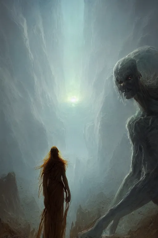 Image similar to a giant ethereal pale humanoid monster looming over a tiny human in an epic landscape, ethereal fantasy, blooodborne, artstation, james gurney