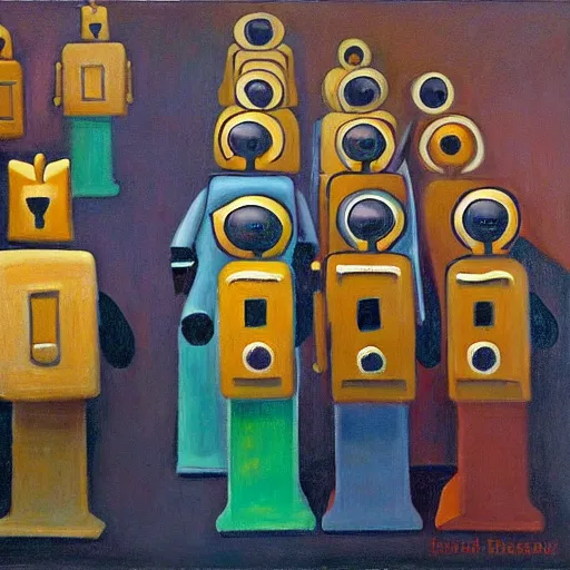 Prompt: robots queue up for cupcakes, grant wood, pj crook, edward hopper, oil on canvas