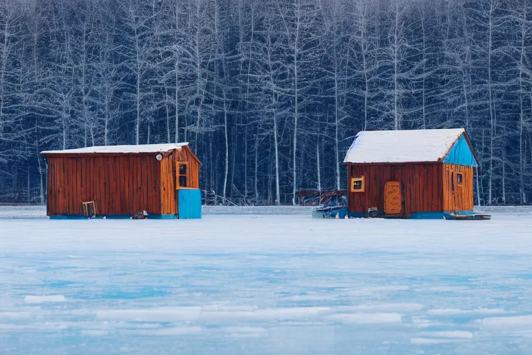 Image similar to landscape photography. ice fishing shack on a frozen lake, wes anderson film screenshot