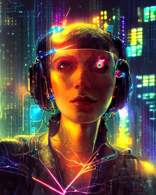 Image similar to a cyberpunk close up portrait of enchanting cyborg athena, electricity, rainbow, sparks, bokeh, soft focus, sparkling, glisten, water drops, cold, dark, geometric, temples behind her, by paul lehr, jesper ejsing