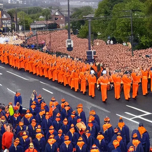 Prompt: orange order marching into mordor with mr tayto leading the march, high - quality photo