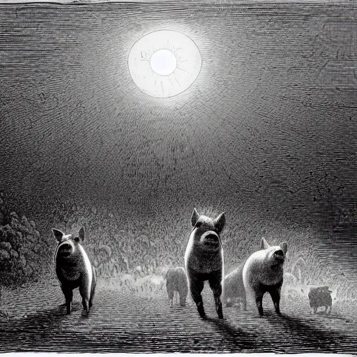 Prompt: pigs in a tuxedo walk out of a barn, dramatic lighting, creepy, farm background, moon, chiaroscuro, high detail, illustration by gustave dore