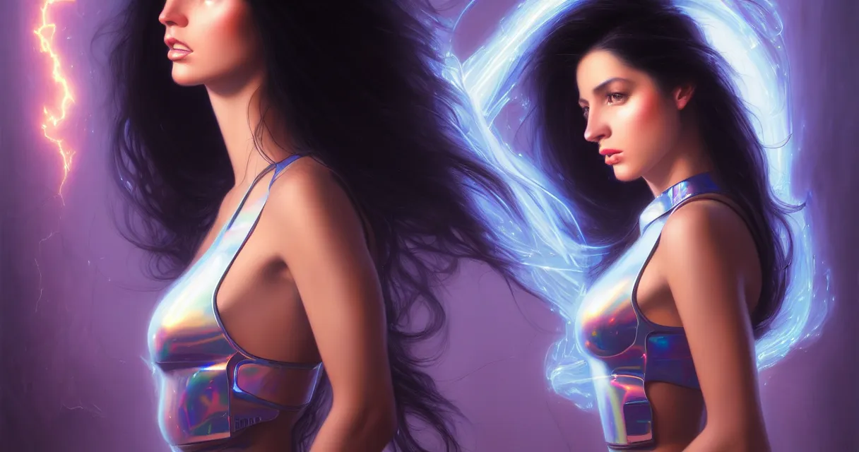 Image similar to beauty young spanish woman with long black hair in holograms of alien artifacts, electrical case display, Terminator tech, ultrarealistic, dramatic lighting, electrical details, high details, 4k, 8k, best, accurate, trending on artstation, artstation, photorealism, ultrarealistic, digital painting, style of Peter Mohrbacher, Caravaggio, Boris Vallejo