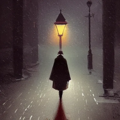 Image similar to lonely road of moscow at night with a single lamp post, walking woman with umbrella, artstation, detailed, by greg rutkowski,