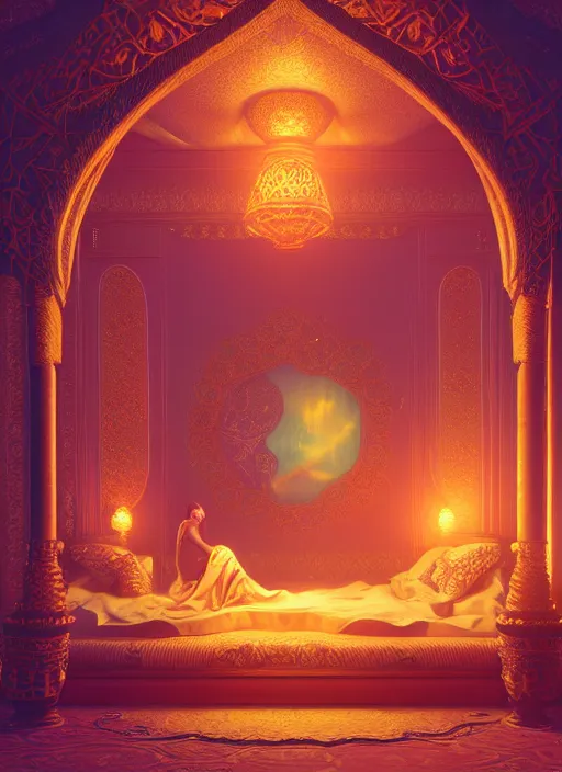 Image similar to beautiful interior of an ornate, intricate art nouveau arabian nights bedchamber, orientalism style, delphin enjolras, goro fujita, makoto shinkai, volumetric lighting, exquisite lighting, octane render, trending on artstation