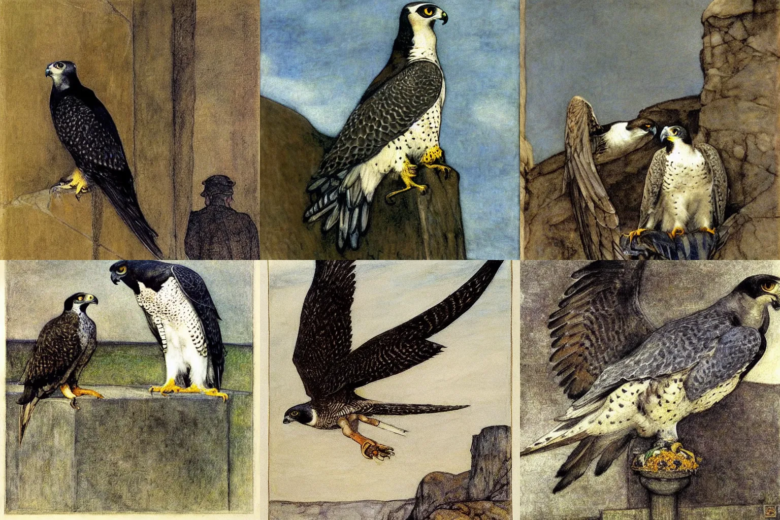 Prompt: a peregrine falcon cannot hear its falconer, painting by arthur rackham, edward hopper and fernand khnopff