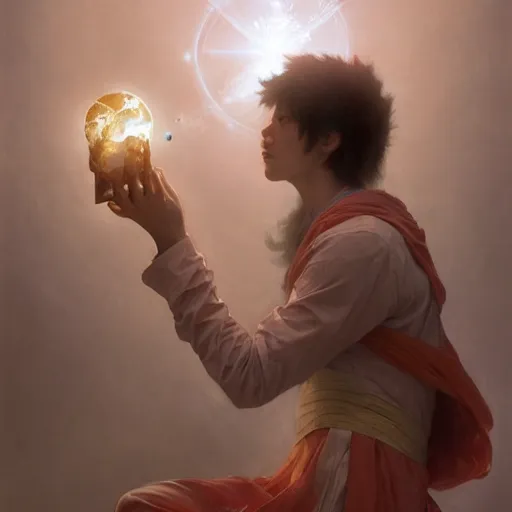 Image similar to A man drinking a cup of cosmic energy bright light, illustration by Ruan Jia and Mandy Jurgens and William-Adolphe Bouguereau, Artgerm, 4k, digital art, surreal, anime style, space dandy style, highly detailed, godsend, artstation, digital painting, concept art, smooth, sharp focus, illustration by Ruan Jia and Mandy Jurgens and William-Adolphe Bouguereau, Artgerm