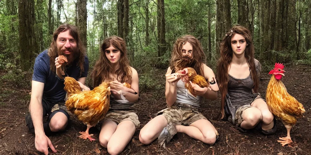 Image similar to photo, three hairy neanderthal people, emma!! watson!! holding a chicken, eating outside, surrounded by dinosaurs!, gigantic forest trees, sitting on rocks, bright moon, birthday cake on the ground, front view