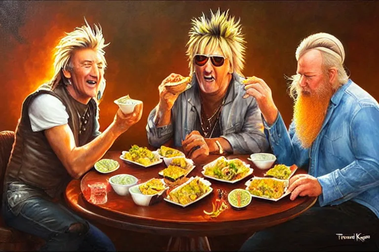 Image similar to rod stewart eating tacos with zz top, an oil painting by ross tran and thomas kincade