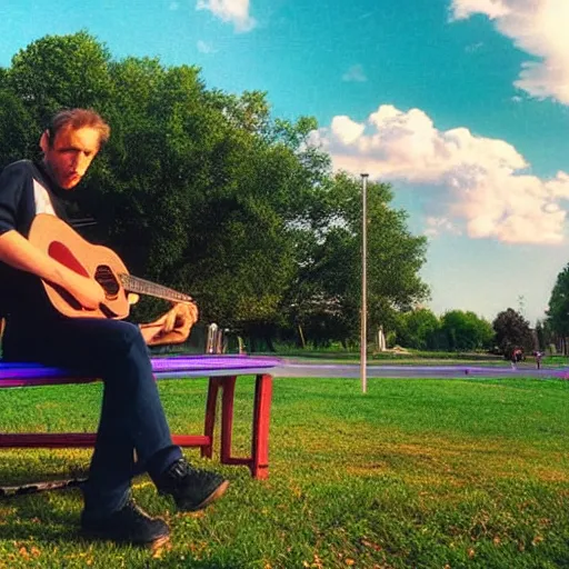 Prompt: 1 9 9 0 s candid 3 5 mm photo of a man sitting on a bench in a park playing guitar, cinematic lighting, cinematic look, golden hour, the clouds are epic and colorful with cinematic rays of light, photographed by petra collins, uhd