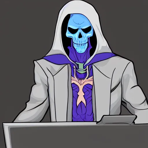 Prompt: skeletor with donald trump hair sitting in front of the computer in a darkened room