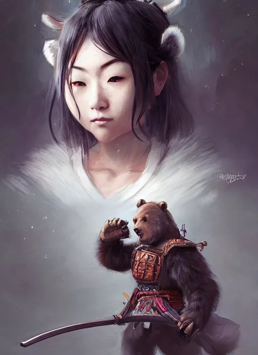 Image similar to japanese girl and a samurai werebear, d & d, fantasy, portrait, highly detailed, digital painting, trending on artstation, concept art, sharp focus, illustration, art by artgerm and greg rutkowski and magali villeneuve