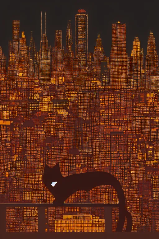 Image similar to cat overlooking bustling downtown city at night, pixel digital artstyle HD