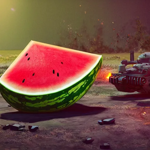 Prompt: Very very very very highly detailed Watermelon military vehicle with epic weapons, on a battlefield in russian city . Photorealistic Concept 3D digital art rendered in Highly Octane Render, epic dimensional light