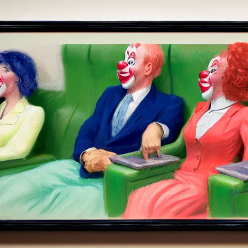 Image similar to a highly detailed beautiful portrait close up hyper realistic photograph of british members of parliament in the house of commons wearing pastel coloured clown costumes with pleasant oversized joyful faces, they are smoking. without visible brushstrokes but in the style of edward hopper, richard hamilton. concept art. green leather benches. photographic. concept. crisp. no artefacts. desaturated. high fidelity facial portrait. 8 k