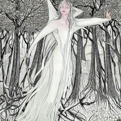 Prompt: The Lady of Sighing Boughs, Faerie Noblewoman, Silver clothing, burned forest covered in ash in the background, stylized